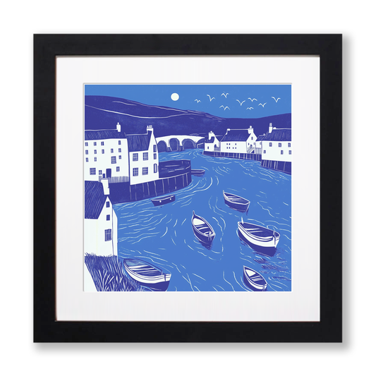 Mevagissey Harbour, Cornwall Linoprint-Style Art (1095-4)