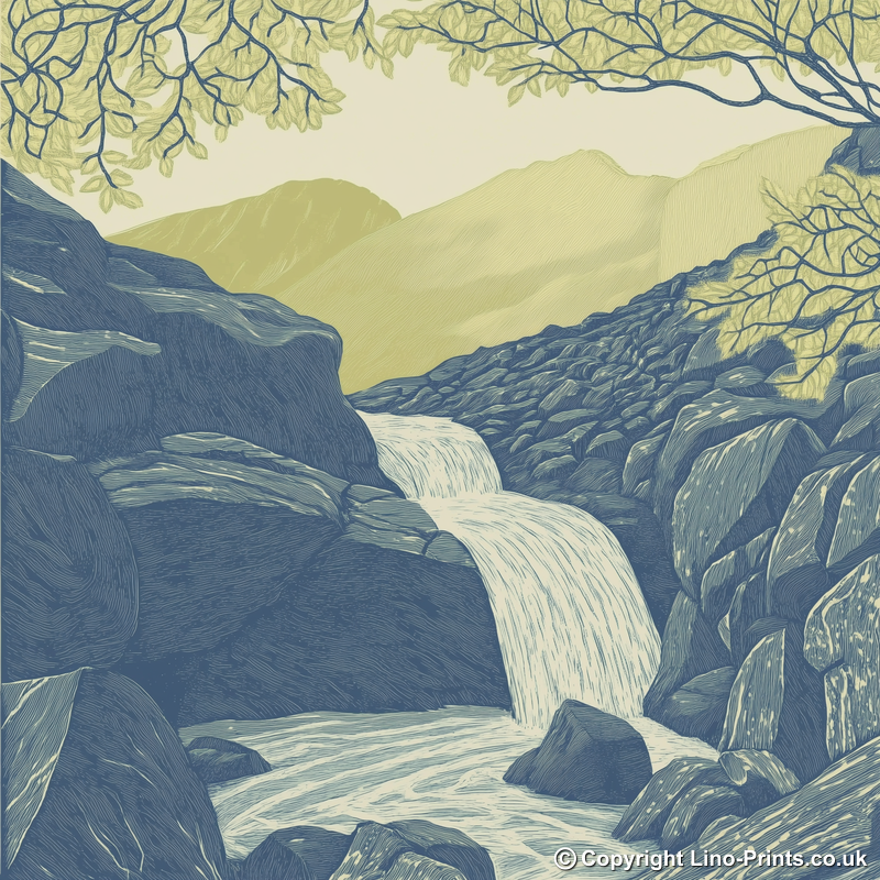 Aira Force waterfall in the Lake District Linoprint-Style Art (2355-4)