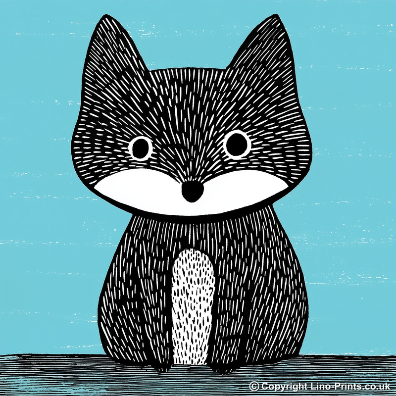 Cute Arctic Fox Pup Linoprint-Style Art (607-2)