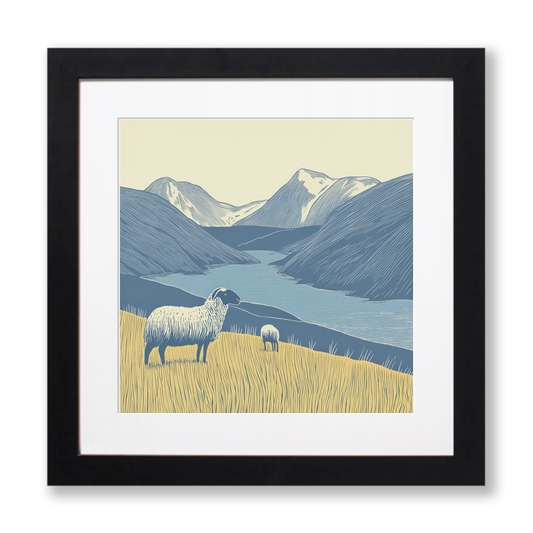 Herdwick sheep on a fellside Linoprint-Style Art (2448-1)