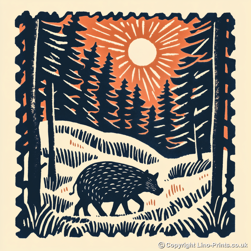 Wild boar in forest Linoprint-Style Art (117-2)