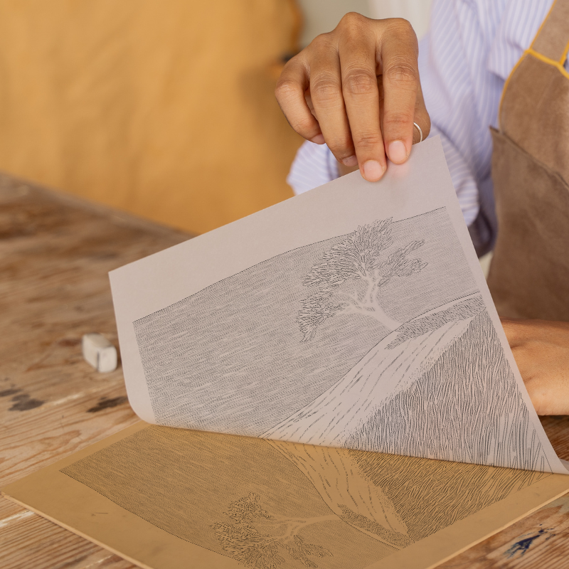 Lone windswept tree silhouette on a hill Linoprint-Style Art (2480-1)