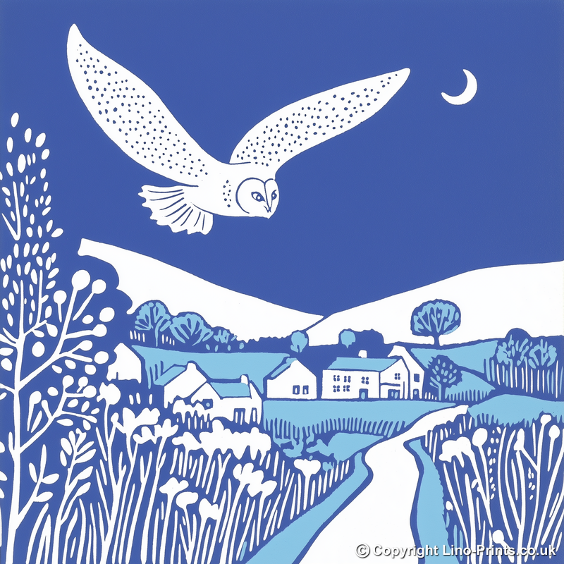 Norfolk barn owl in mid swoop Linoprint-Style Art (1808-1)