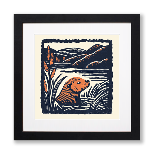 Cute Baby Beaver Linoprint-Style Art (44-2)