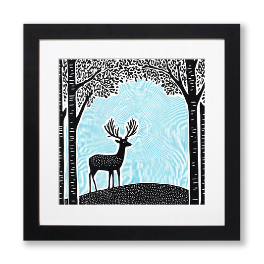 Red deer stag in mist Linoprint-Style Art (729-1)