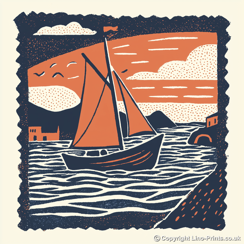 Norfolk wherry under sail Linoprint-Style Art (2012-1)