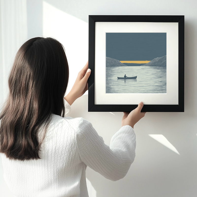 Kayaker silhouette on calm water Linoprint-Style Art (2468-1)