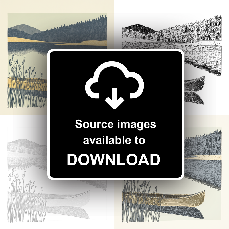Kayak or canoe on a quiet lake Linoprint-Style Art (2466-1)