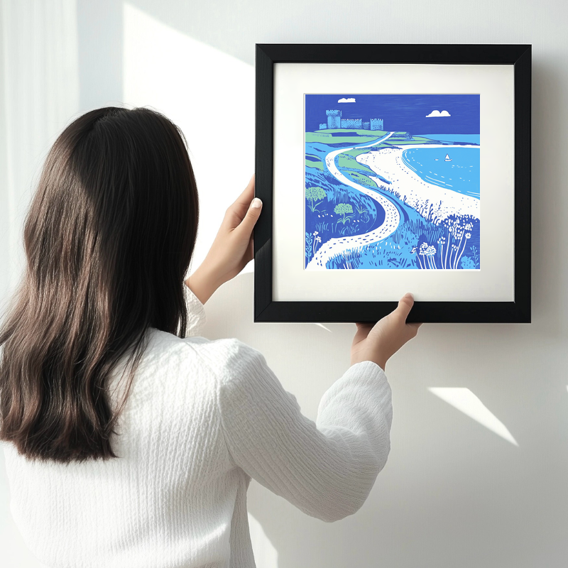 Bamburgh Beach and Castle, Northumberland Linoprint-Style Art (1076-1)