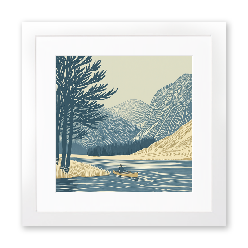 Kayaker near Buttermere pines Linoprint-Style Art (2467-3)