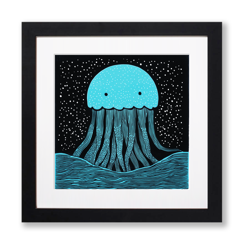Jellyfish drifting in deep water Linoprint-Style Art (719-1)