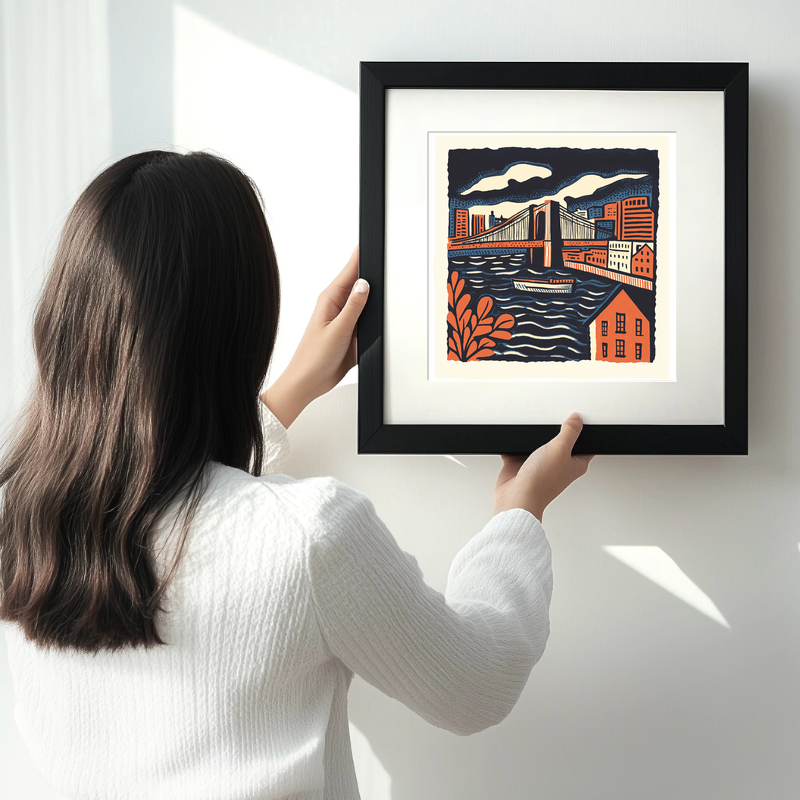 New York Brooklyn Bridge Linoprint-Style Art (22-5)