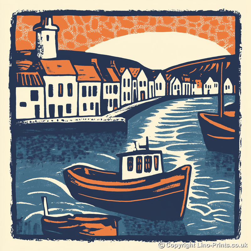Mevagissey Harbour Linoprint-Style Art (501-1)