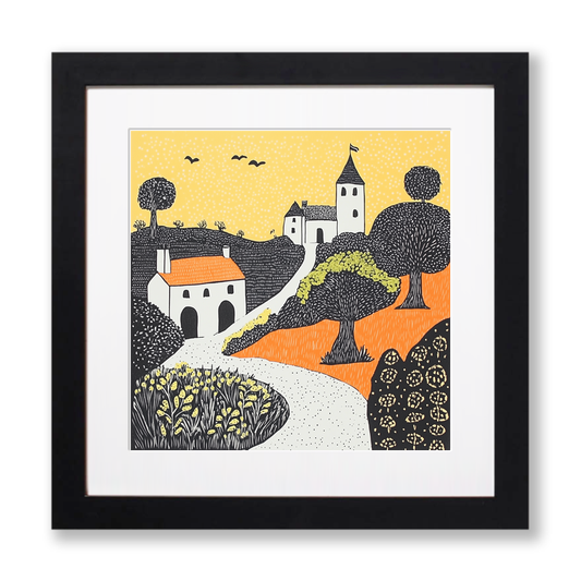 Portmeirion Village, Wales Linoprint-Style Art (186-1)