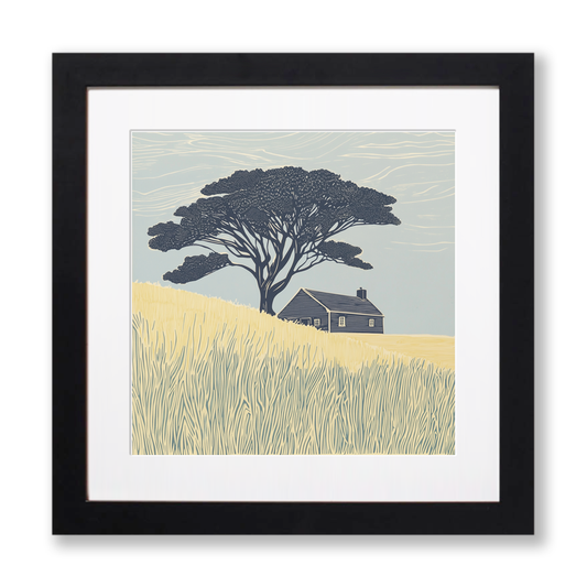 Farmhouse roofline silhouette Linoprint-Style Art (2422-1)