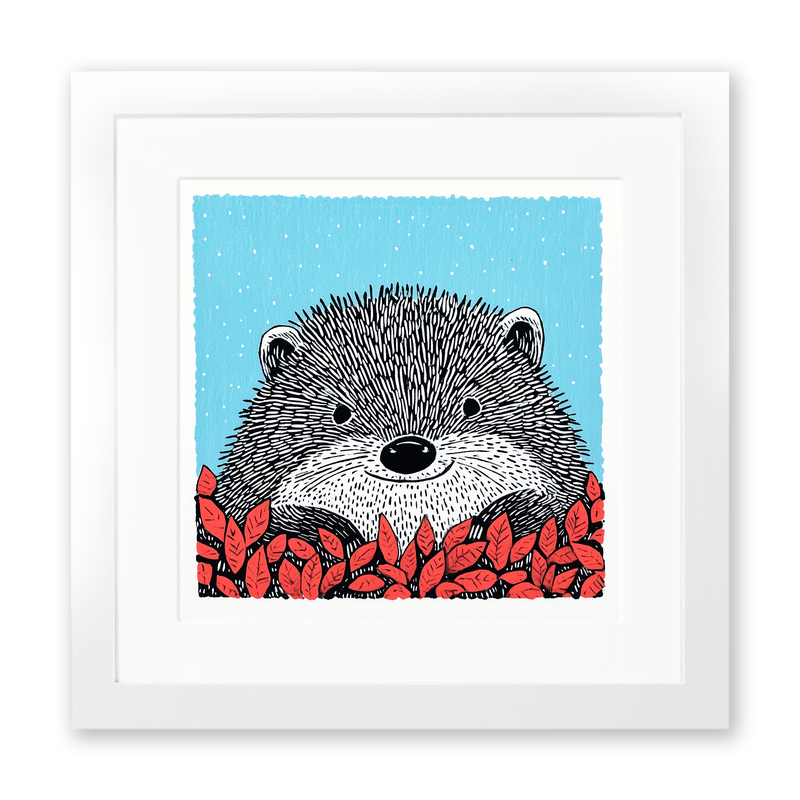 Hedgehog in autumn leaves Linoprint-Style Art (717-1)