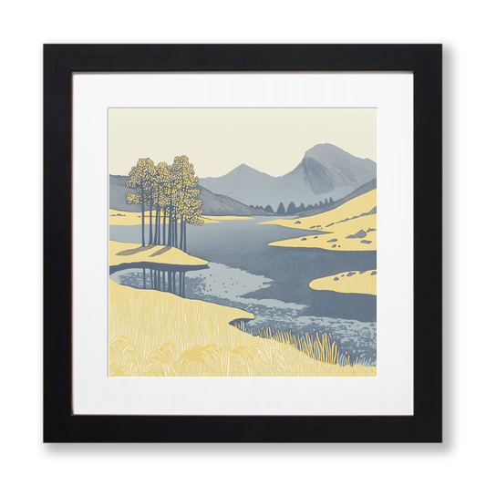 Buttermere lone pines in the Lake District Linoprint-Style Art (2378-3)