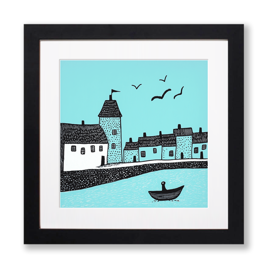 Mevagissey Harbour, Cornwall Linoprint-Style Art (804-1)