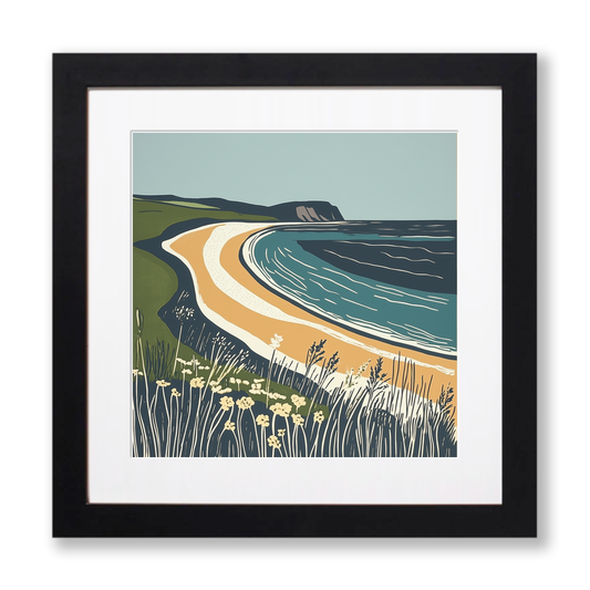 Rhossili Bay, Gower Peninsula Linoprint-Style Art (1381-1)