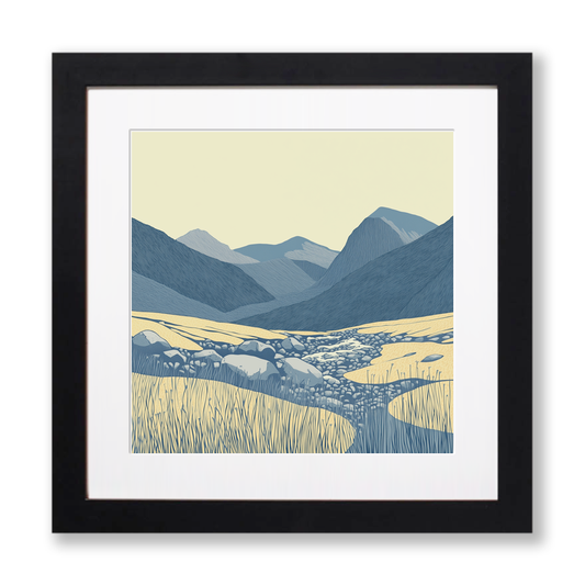 Great Gable from Wasdale Head in the Lake District Linoprint-Style Art (2435-1)