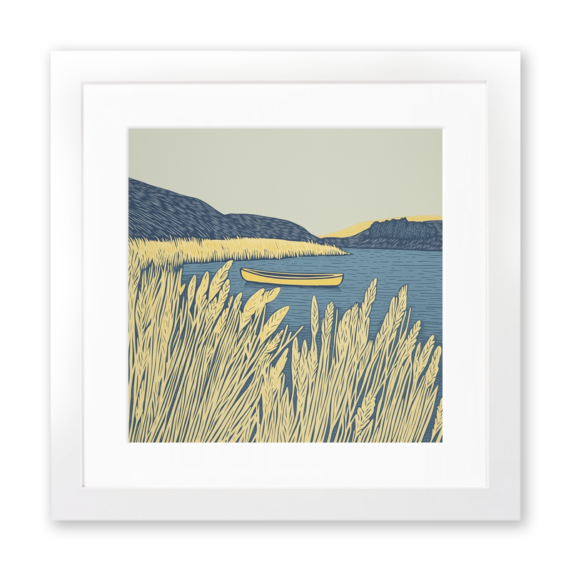 Canoe in reeds at Elterwater Linoprint-Style Art (2380-2)