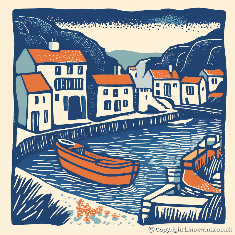 Polperro Harbour, Cornwall Linoprint-Style Art (144-1)