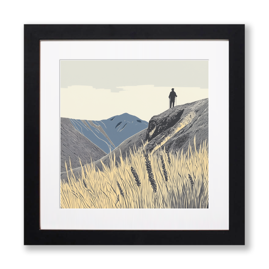Hiker silhouette on a fell ridge Linoprint-Style Art (2454-2)
