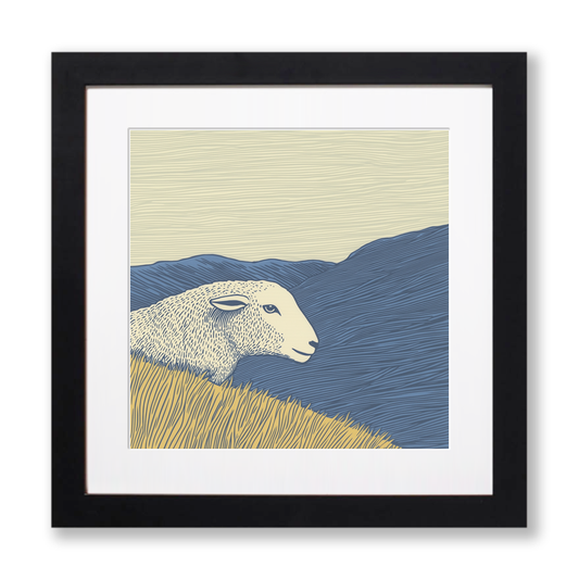 Herdwick sheep silhouette profile on a rise Linoprint-Style Art (2450-3)