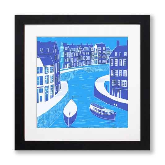 Amsterdam canal at twilight Linoprint-Style Art (836-1)