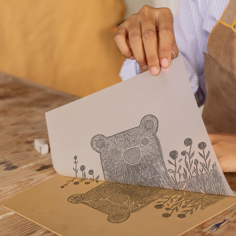 Cute Bear Cub Linoprint-Style Art (611-3)