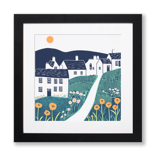 Gold Hill, Shaftesbury Linoprint-Style Art (852-1)