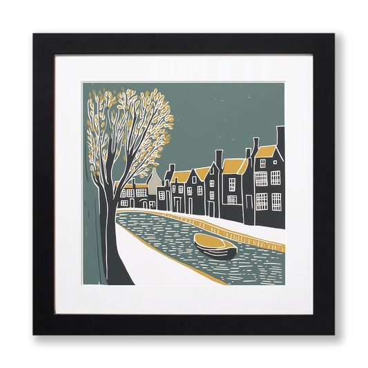 Bruges canal with stepped gables Linoprint-Style Art (1131-1)