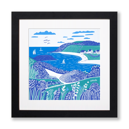 Bigbury-on-Sea and Burgh Island, Devon Linoprint-Style Art (1079-1)