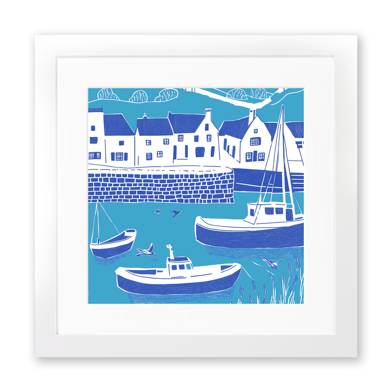 Brixham Harbour, Devon Linoprint-Style Art (1081-1)