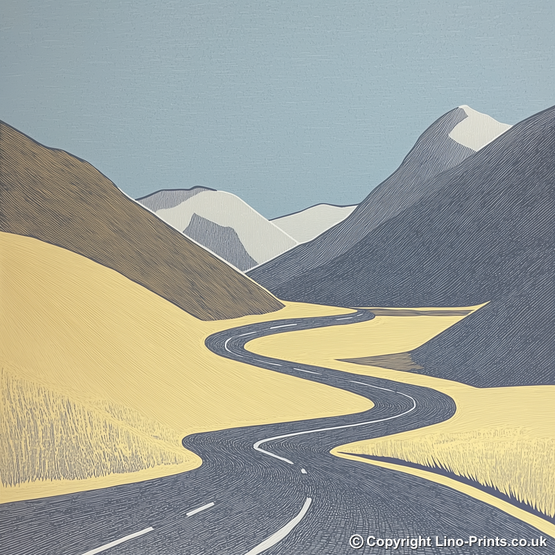 Honister Pass road winding Linoprint-Style Art (2458-2)