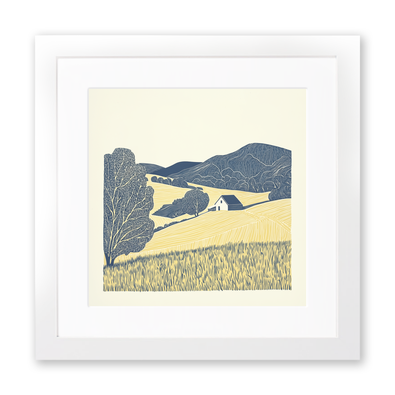 Farmstead nestled in valley Linoprint-Style Art (2423-1)