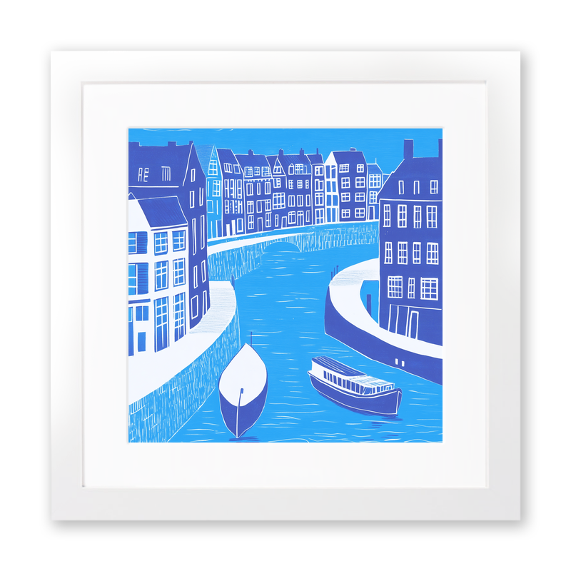 Amsterdam canal at twilight Linoprint-Style Art (836-1)
