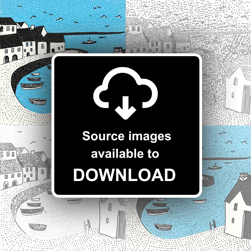 Mousehole Harbour, Cornwall Linoprint-Style Art (805-1)
