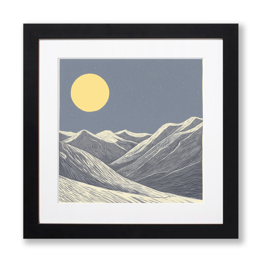Stark winter mountain scene Linoprint-Style Art (2560-1)
