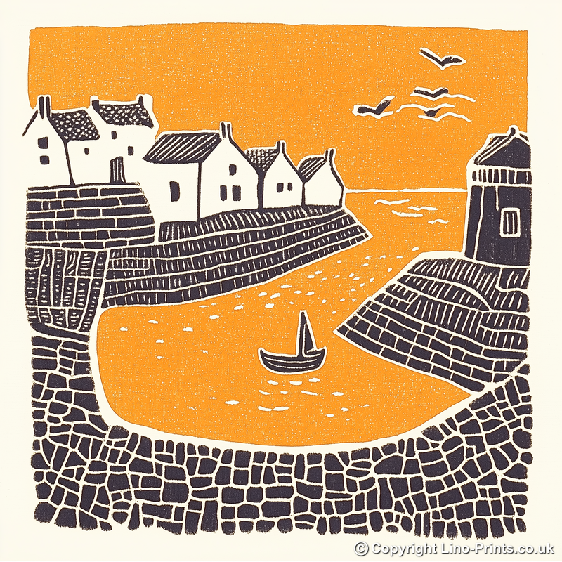 Mousehole Harbour, Cornwall Linoprint-Style Art (304-1)