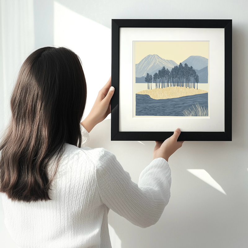 Pine trees silhouette on a lake island (e.g., Derwentwater) Linoprint-Style Art (2504-3)