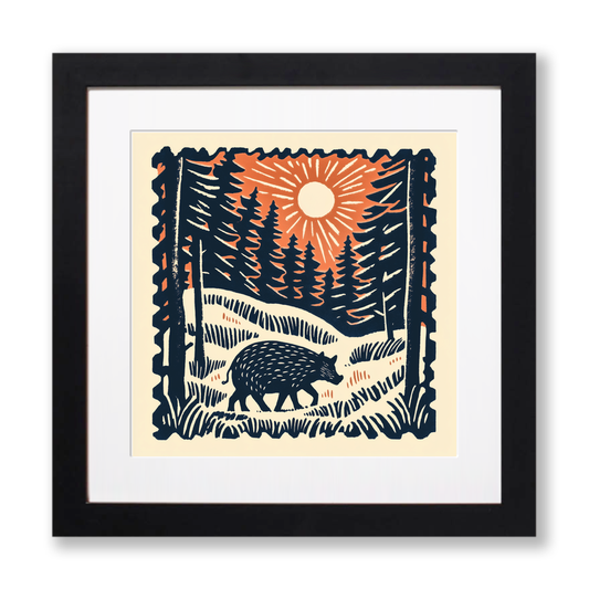 Wild boar in forest Linoprint-Style Art (117-2)