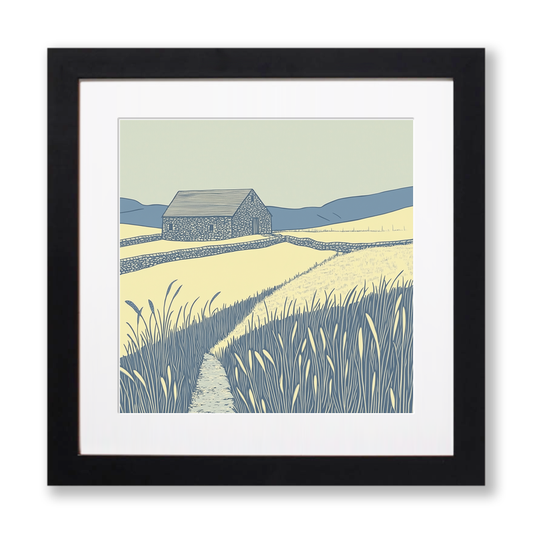 Isolated stone barn in field Linoprint-Style Art (2462-1)