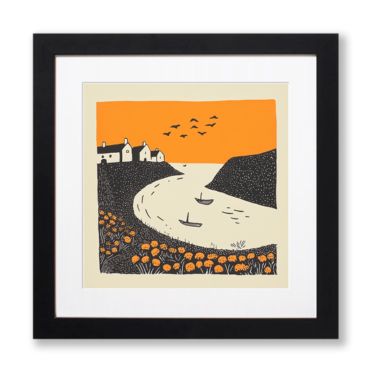 Looe Harbour, Cornwall Linoprint-Style Art (300-1)