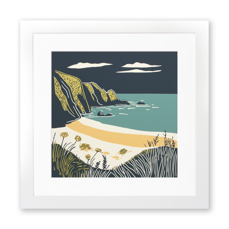Porthcurno Beach Linoprint-Style Art (1186-1)