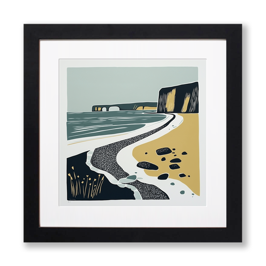 West Bay, Dorset Linoprint-Style Art (1393-1)