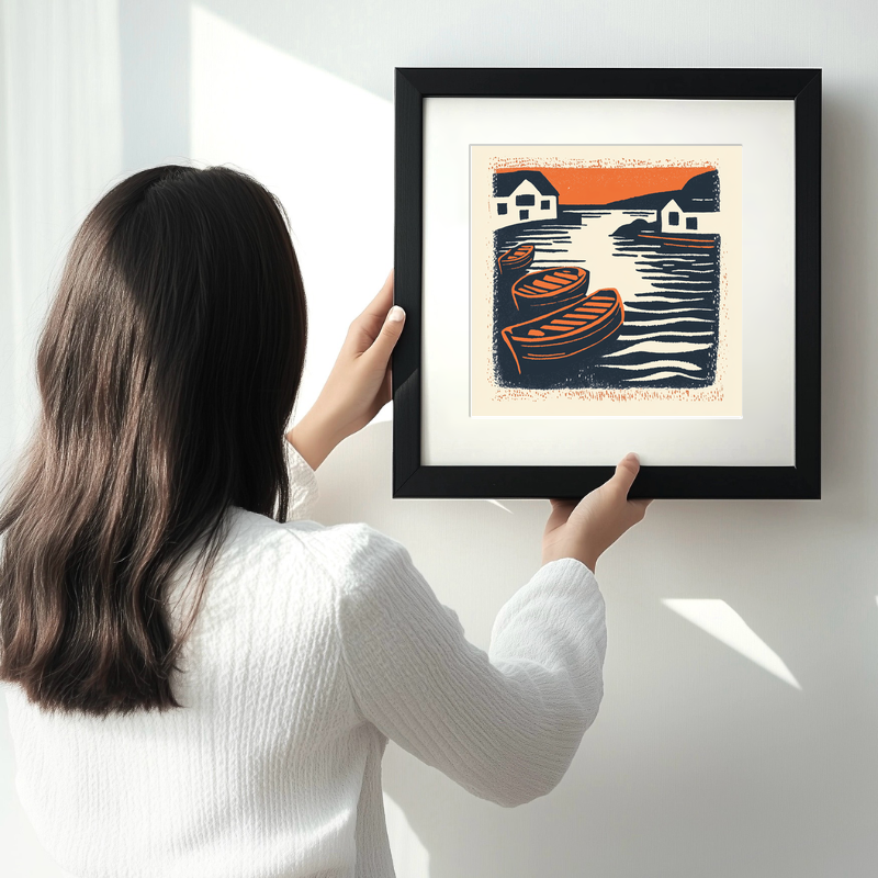 Reflections of boats in still harbour Linoprint-Style Art (2021-1)