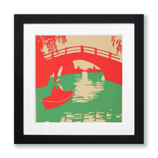 Cambridge punts and bridges Linoprint-Style Art (330-1)