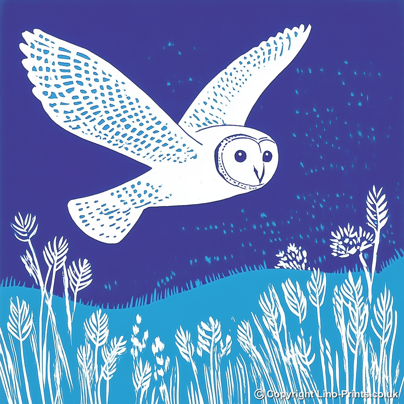Barn owl in flight Linoprint-Style Art (998-1)