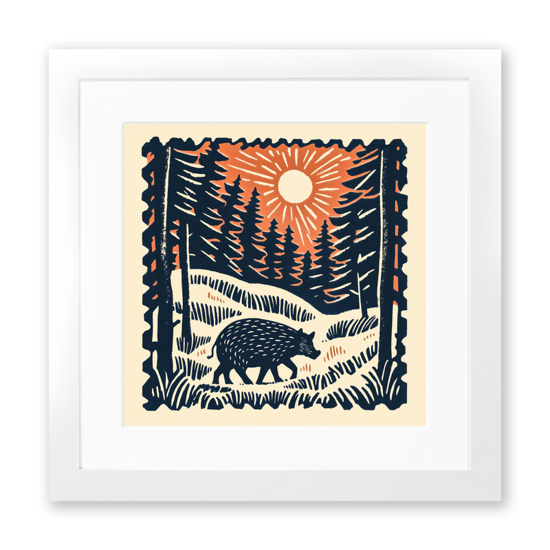 Wild boar in forest Linoprint-Style Art (117-2)